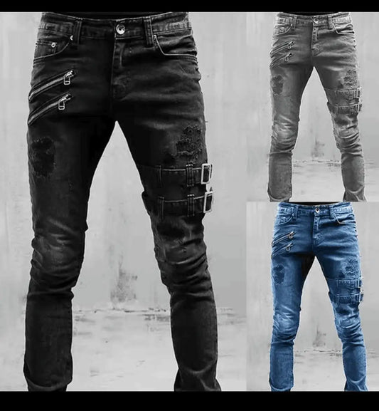 "2024 Men's Slim Fit Biker Jeans – Mid-Waist Stretch Denim"