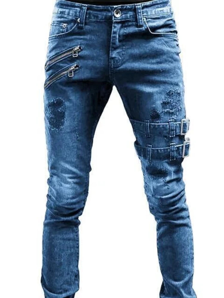 "2024 Men's Slim Fit Biker Jeans – Mid-Waist Stretch Denim"