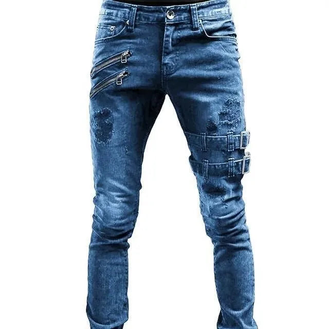 "2024 Men's Slim Fit Biker Jeans – Mid-Waist Stretch Denim"