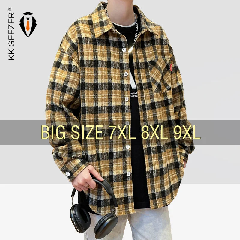 Oversized plaid fleece shirt for men, soft and casual, perfect for winter. Sizes 6XL-9XL.